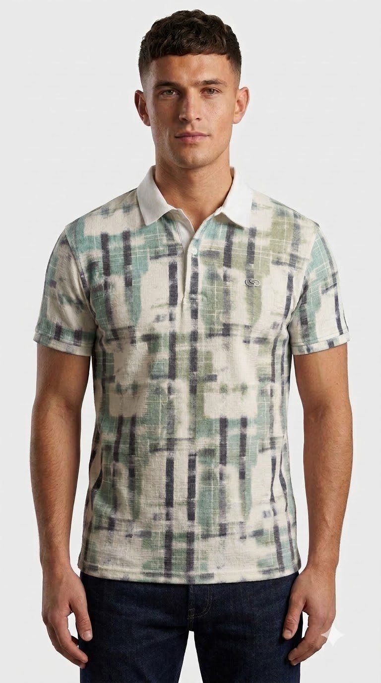 Change_garment_color_using_refer…_202608052223 Men's Off-White & Sage Green Abstract Tie-Dye Printed Polo T-Shirt - Image 1