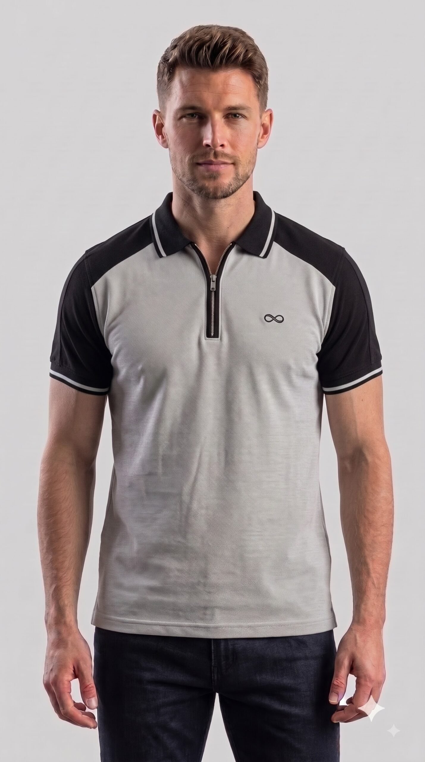 Change_white_to_gray_2K_202608031652 Men's Light Grey & Black Colorblock Zipper Polo T-Shirt - Image 1