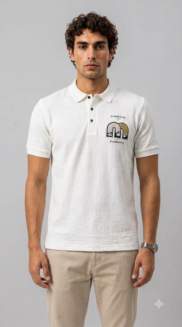 Make_background_light_gray_202608062052 Men's Off-White Textured Graphic Chest Patch Polo T-Shirt - Image 1