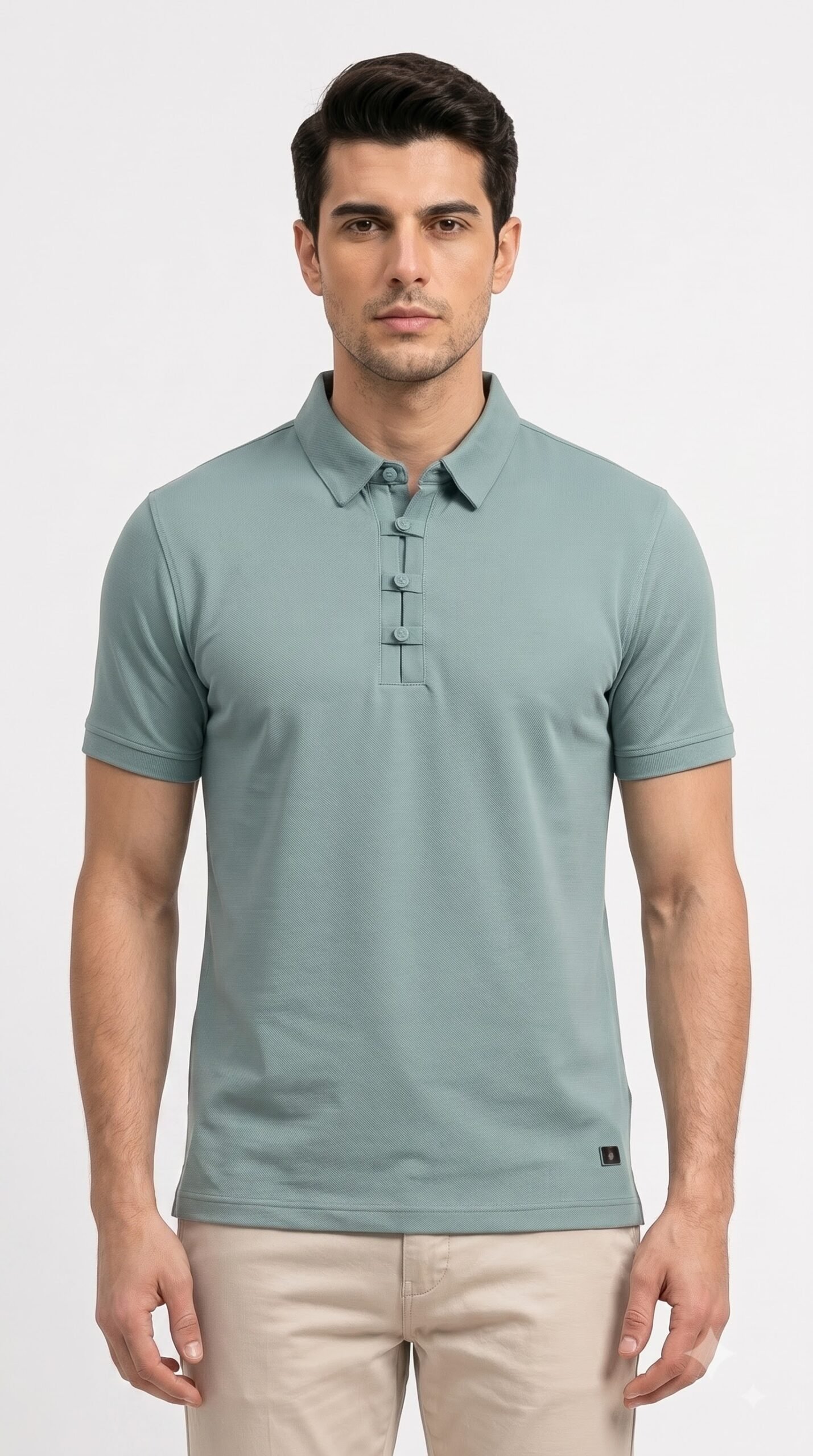 Model_wearing_T-shirt_portrait_2K_202608131736 Pure Cotton Half Sleeves Regular Fit Plain Solid Classic Polo - Image 1