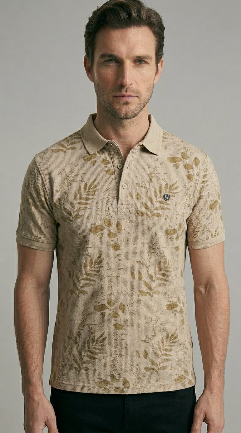 Model_wearing_beige_polo_202607302325 Men Polo Tshirt with Half Sleeve Regular Fit - Image 1