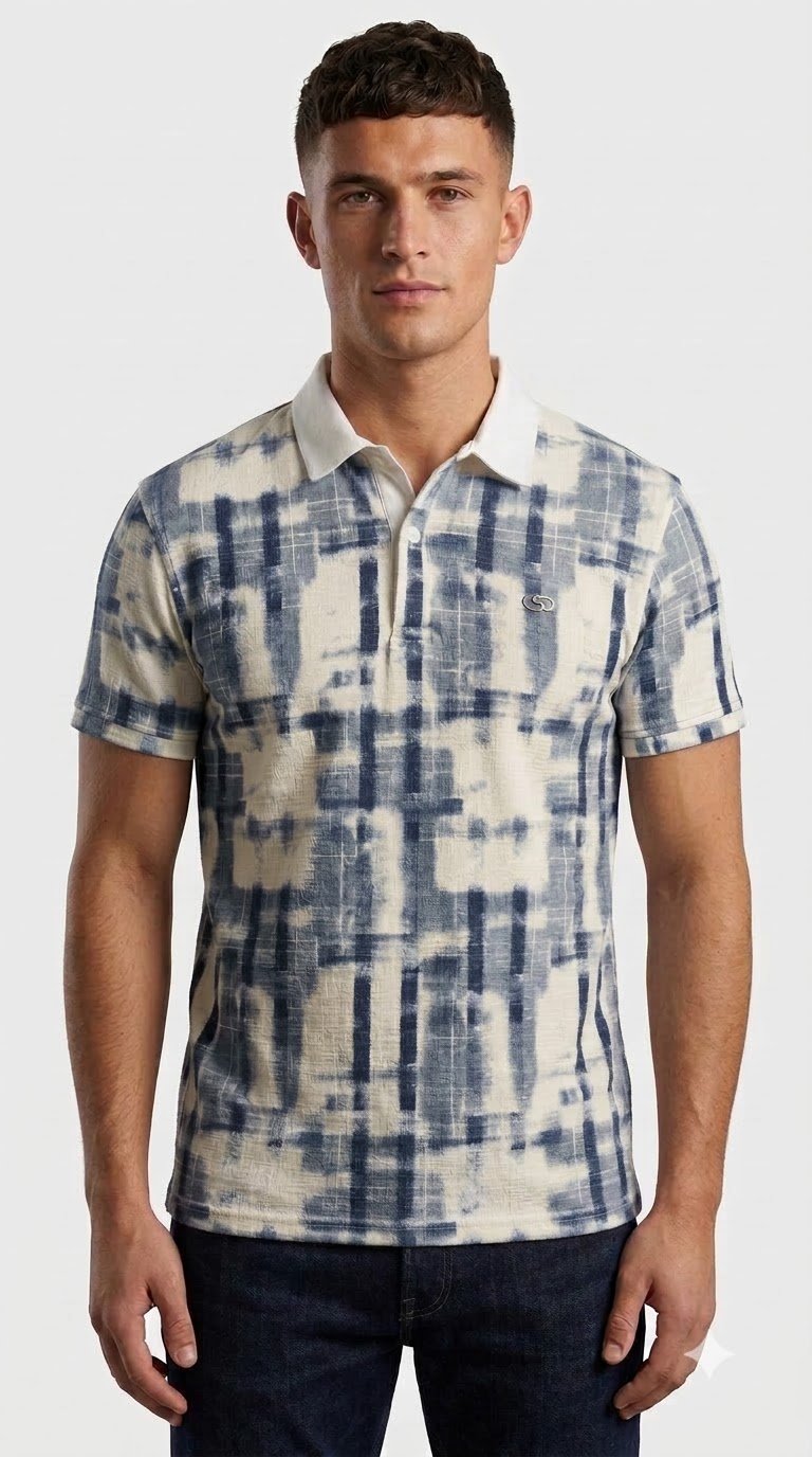Replace_garment_color_using_chart_202608052224 Men's Off-White & Indigo Tie-Dye Printed Regular Fit Polo T-Shirt - Image 1