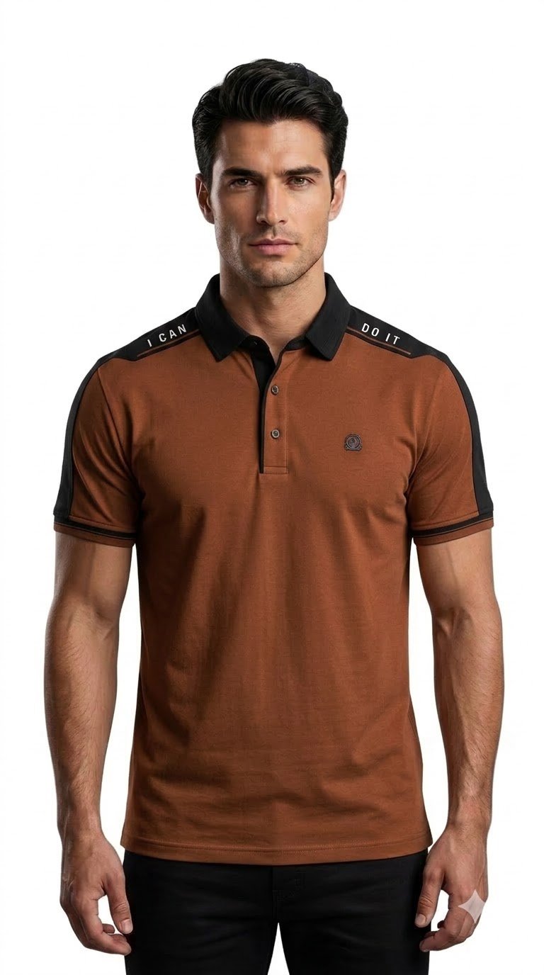 Men's Brown Textured Polo Shirt, 100% Cotton Flat Knit, Regular Fit - Image 1