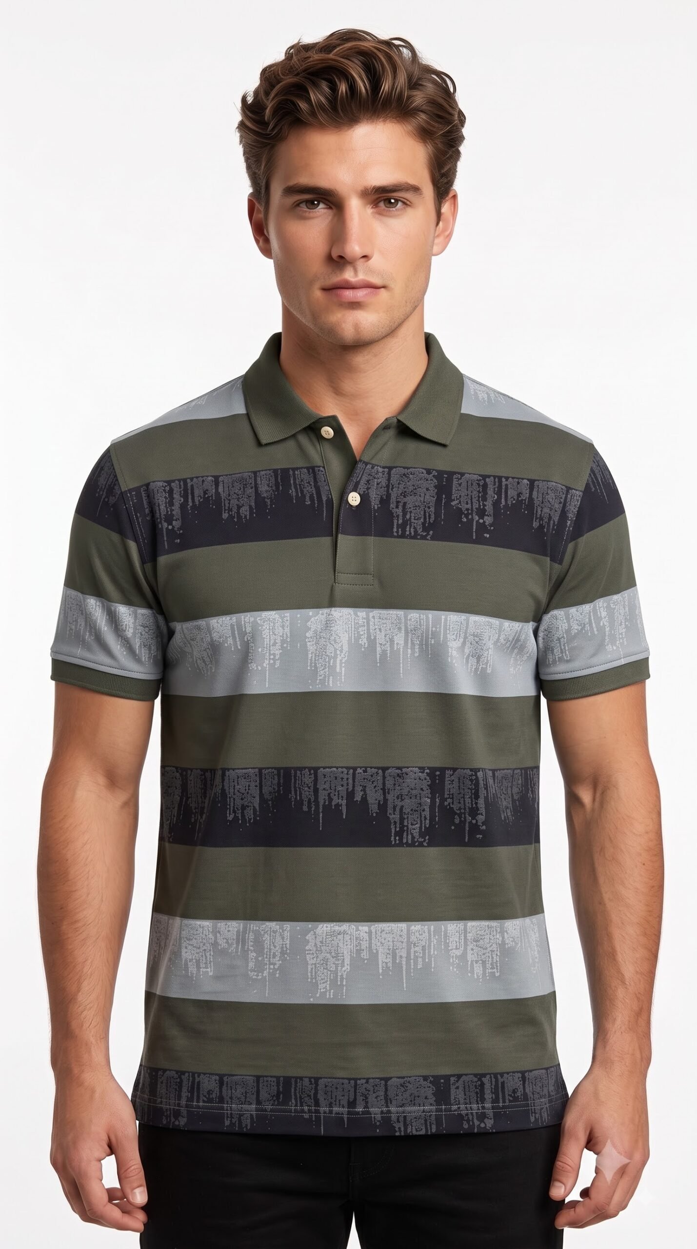 Replacing_garment_color_using_chart_202608120006 Men's Textured Striped Knit Polo T-Shirt | Half - Image 1