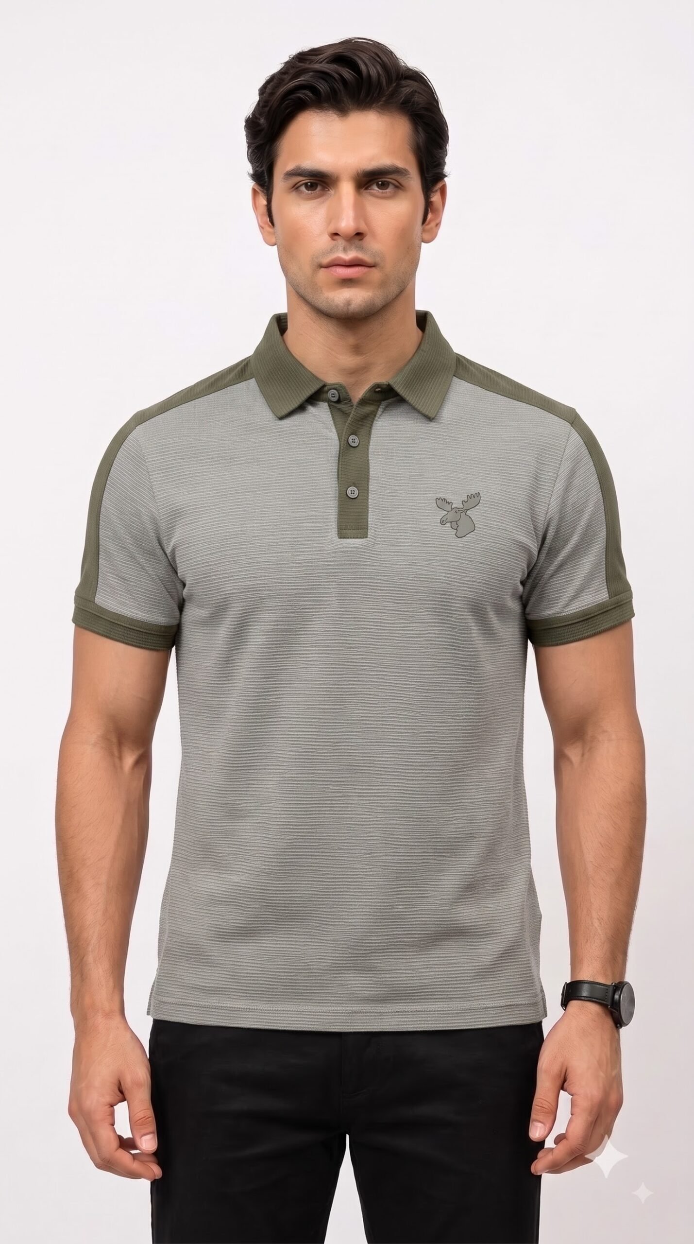 Reverse_and_recolor_image_2K_202608131804 Men's Olive Green & Sage Textured Colorblock Shoulder Polo T-Shirt - Image 1